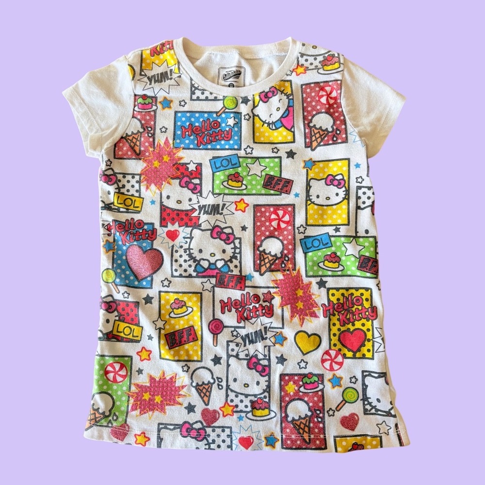 Y2K Old Navy Hello Kitty Graphic Baby Tee Glitter Art Comic T-Shirt Scene #18